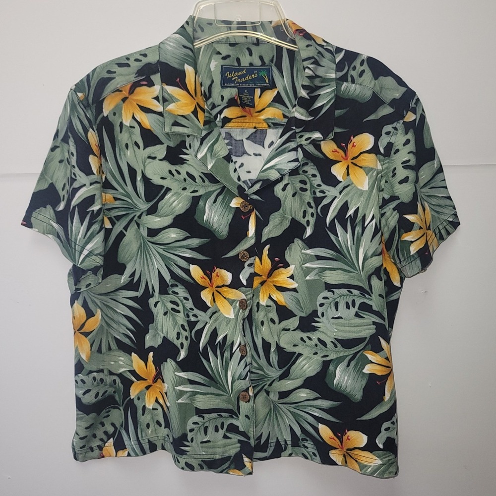 Island Traders Tropical Button Front Shirt Women XL Green Yellow Boho Vacation‎